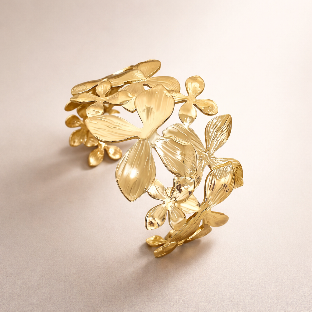 Elegant gold floral cuff bracelet by Auryn Jewells