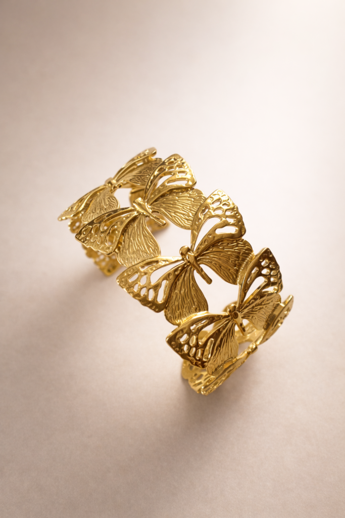 Intricate gold butterfly cuff bracelet by Auryn Jewells