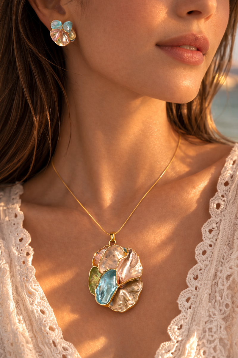 Model wearing rose gold floral gemstone necklace set by Auryn Jewells