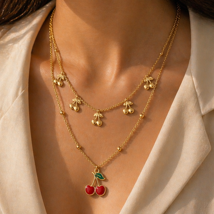 model wearing cherry necklace by auryn jewells